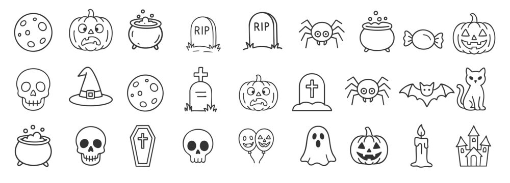 cute halloween doodle icons set with ghost pumpkin skull