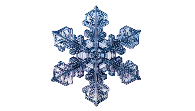Detailed macro shot of a single six-pointed snowflake crystal, pristine and icy blue against black