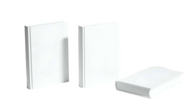 Three blank hardcover books, one lying down, the others upright against a black backdrop