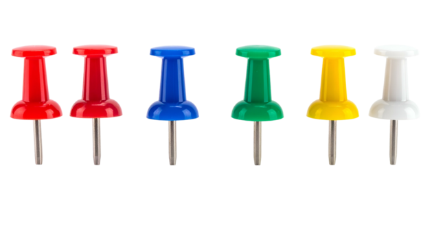 Six colorful thumb tacks arranged horizontally against a black background