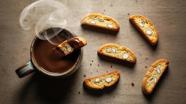 Biscotti dipped in hot chocolate with wooden surface