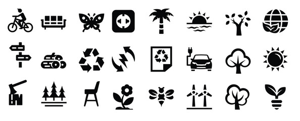 Fototapeta premium ecology glyph icons including earth bike sunset palm