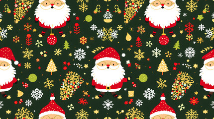 Festive santa claus pattern with holiday elements on transparent background