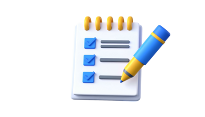 3D render of a notepad with a pen, showcasing checked boxes on a checklist