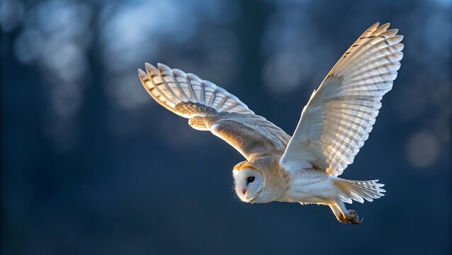 Barn owl (tyto alba) in graceful flight, wings fully spread, soaring against a soft, blurred blue background, highlighting its majestic form in nature.