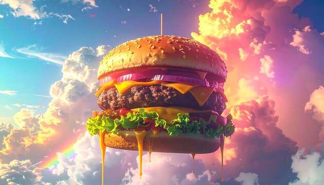 Giant burger against a fluffy, colorful sky, dripping with sauce and cheese. Surreal and vibrant composition