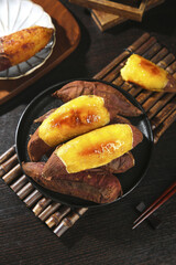 Honey Glazed Roasted Sweet Potatoes in Cast Iron Pan Traditional Asian Comfort Food