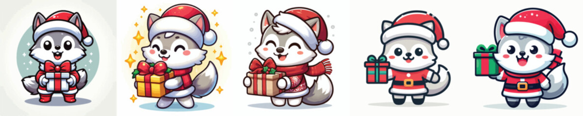 cute wolf character vector wearing Christmas costume
