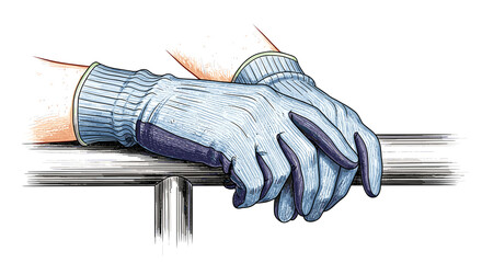 Hands wearing blue work gloves resting on metal railing  