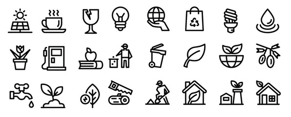 ecology line icons including leaf seed bag hand bulb 