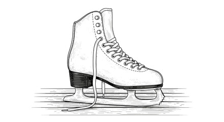 Ice skate drawn in detail on wooden surface  
