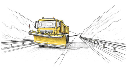Yellow snow plow truck clearing road in winter landscape  