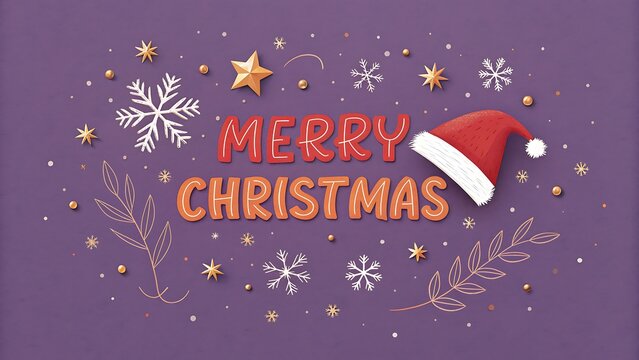 Merry christmas typography with festive elements including santa hat snowflakes and golden stars on a textured purple background, seasonal holiday greeting card design for celebration.