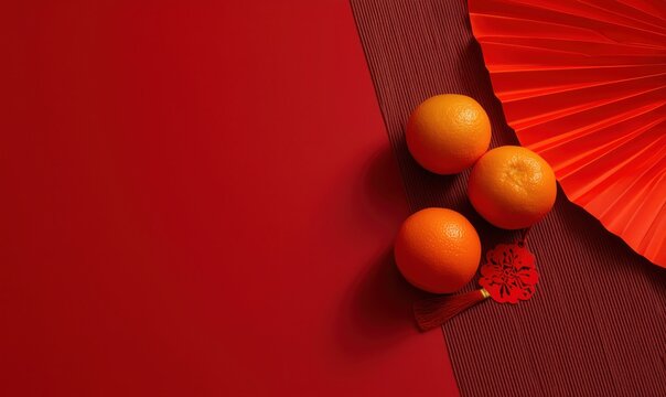 Chinese New Year Flat Lay with Mandarins, Fan and Lucky Knot on Textured Red Background, Top view composition with copy space ideal for Lunar New Year greetings, Asian holiday banners, or festive mark