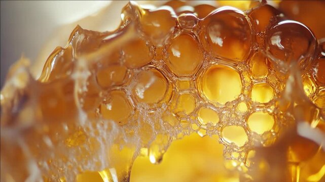 Close-up of honeycomb with natural nectar drops, showcasing its delicate structure and sweetness.