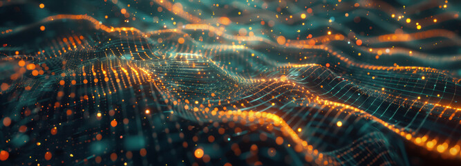 Digital Waves of Data: An abstract representation of data streams, visualized as flowing waves of light and particles, a mesmerizing illustration of the digital world.