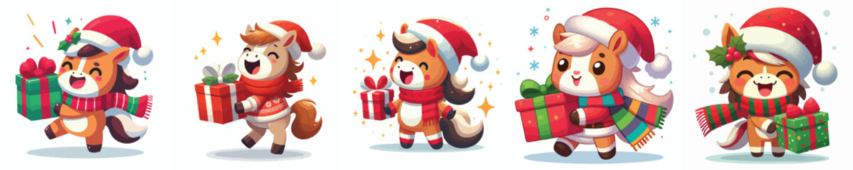 cute horse character vector wearing Christmas costume