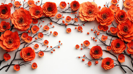 Beautiful Orange Paper Flowers with Branches on White Background