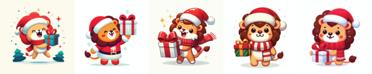 cute lion  character vector wearing Christmas costume