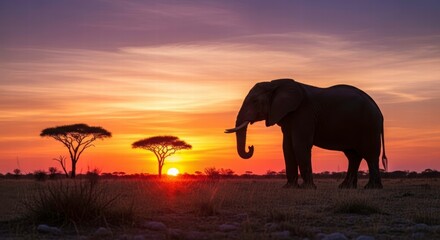 Fototapeta premium African Sunset Silhouette: An elephant gracefully stands in the foreground, silhouetted against a breathtaking African sunset, with two acacia trees adding to the serene panorama