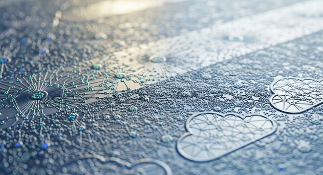 Cyber Clouds: a digital landscape, rendered in glistening droplets and flowing forms, embodies the essence of modern cloud computing and online networking.