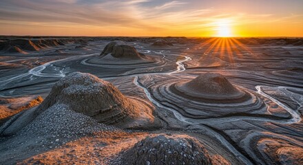 Sunset over the Bizarre Landscape: Breathtaking landscape features intricately patterned mud volcanoes and water channels under a dramatic, sun-kissed sky.