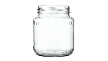 A clear, empty glass jar with an open rim, ribbed sides, and a wide body, isolated on black