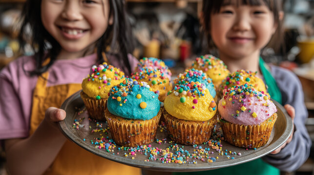 Colorful Holiday Cupcakes with Rainbow Sprinkles Held by Happy Children during Festive Winter Baking