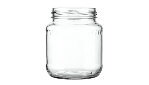 A clear, empty glass jar with an open rim, ribbed sides, and a wide body, isolated on black