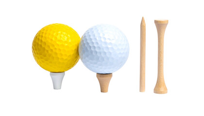 Close-up of yellow & white golf balls on tees, along with two wooden tees against black