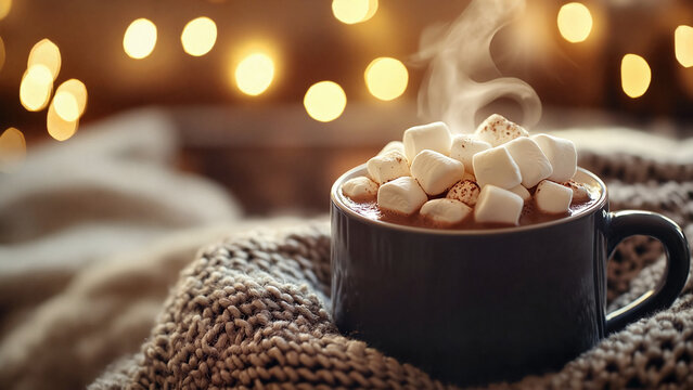Subtle Christmas festive details with a steaming mug of hot cocoa topped with marshmallows and cozy blanket, Subtle christmas festive details, Steam from cocoa