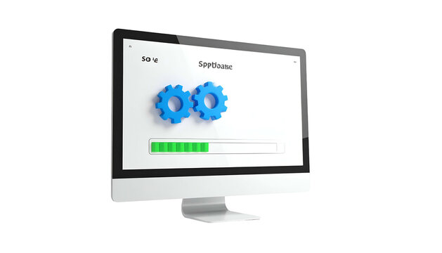 A modern computer screen displays a program with loading gears, a progress bar, and a text label