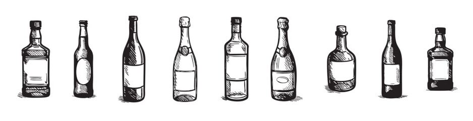 Set of different alcohol bottles in hand drawn black sketch style isolated on white background, graphic illustration. Concept of wine, whiskey, champagne, beer, liquor collection, vintage bar elements