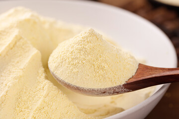 Freshly Ground Rice Flour on Wooden Spoon - Gluten-Free Baking Ingredient in White Bowl