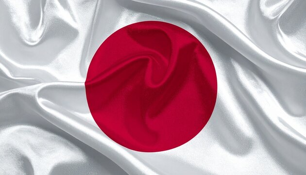 Japanese flag with centered red sun disc on white field, shown with fabric folds and realistic texture.