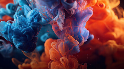 Blue and orange smoky liquid blending in water abstract art for creative design, visual impact background, fluid art projects