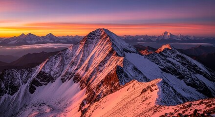 Obraz premium Sunset over the Mountain Range: Majestic mountain peaks are painted with the vibrant hues of a breathtaking sunset, a landscape of snow-capped summits, capturing the grandeur of nature's artistry.