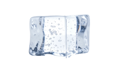 A single, isolated, clear, rectangular ice cube with slight imperfections, against black