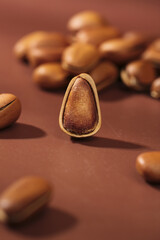 Hand-Peeled Pine Nuts with Open Shell on Red Background - Natural Cooking Ingredient