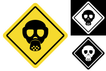Universal graphic warning sign featuring a gas mask illustration, alerting to potential airborne hazards and the critical need for respiratory personal protective equipment