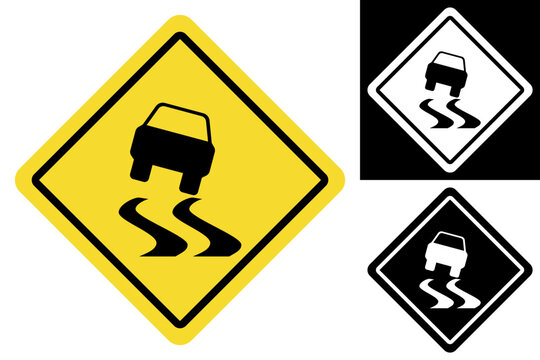 Standard yellow diamond warning sign indicating a slippery road or skidding hazard ahead, featuring a black silhouette of a car losing traction on a winding path, essential for driver safety awareness