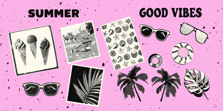 Summer good vibes collage with ice cream sunglasses and palm trees - Powered by Adobe