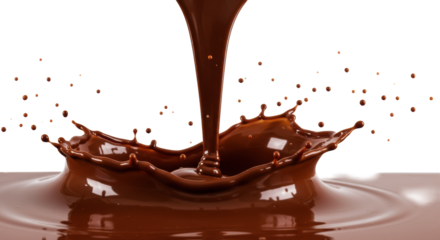 melted dark brown milk chocolate, highly glossy and viscous, splashing fluid waves and droplets against a transparent studio background with copy space, concept for luxurious food advertising