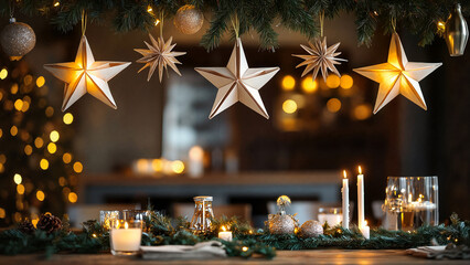 Handmade christmas paper stars, elegant Christmas atmosphere, warmth and holiday charm,  festive vibe 