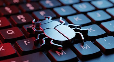 A computer bug on a keyboard symbolizes software issues, cybersecurity threats, and the need for debugging and problemsolving in technology