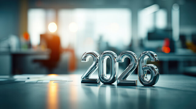 Metallic numbers 2026 in modern office setting