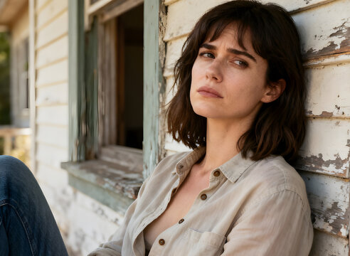 Thoughtful woman in casual shirt by rustic building - Powered by Adobe
