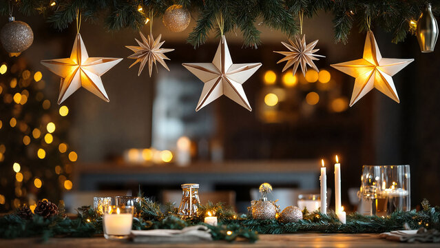Handmade christmas paper stars, elegant Christmas atmosphere, warmth and holiday charm,  festive vibe 