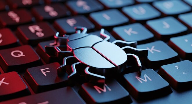 A computer bug on a keyboard symbolizes software issues, cybersecurity threats, and the need for debugging and problemsolving in technology
