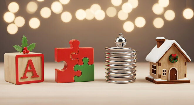 Festive holiday scene showcasing a toy block, puzzle, spring and house, evokes joy of the season, perfect for Christmas promotions and family-themed content